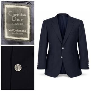 VTG Christian Dior Monsieur Blazer Navy Blue Logo Metal Button USA Mens 42R Est.